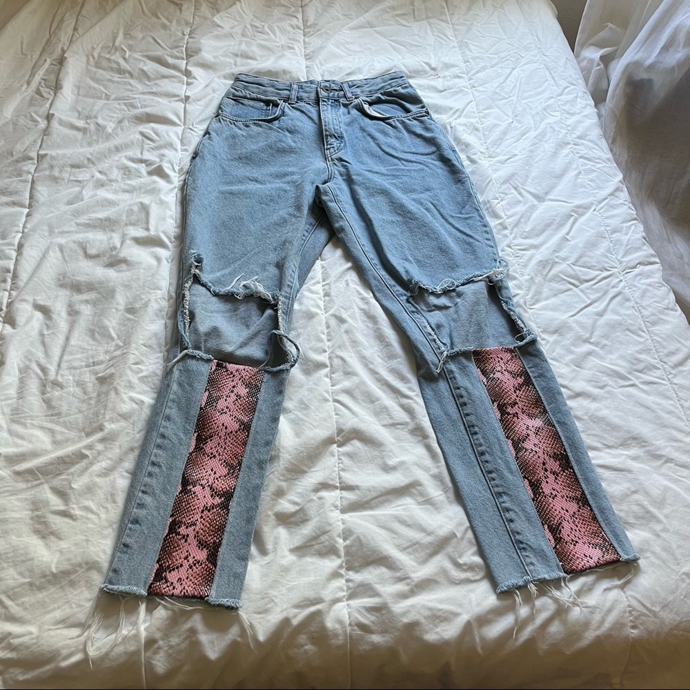 The Ragged Priest light‎ wash blue cutout distressed snake pleather jeans